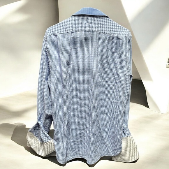XMI Blue Checkered Shirt with cuff links 100% cotton LARGE - Picture 2 of 5